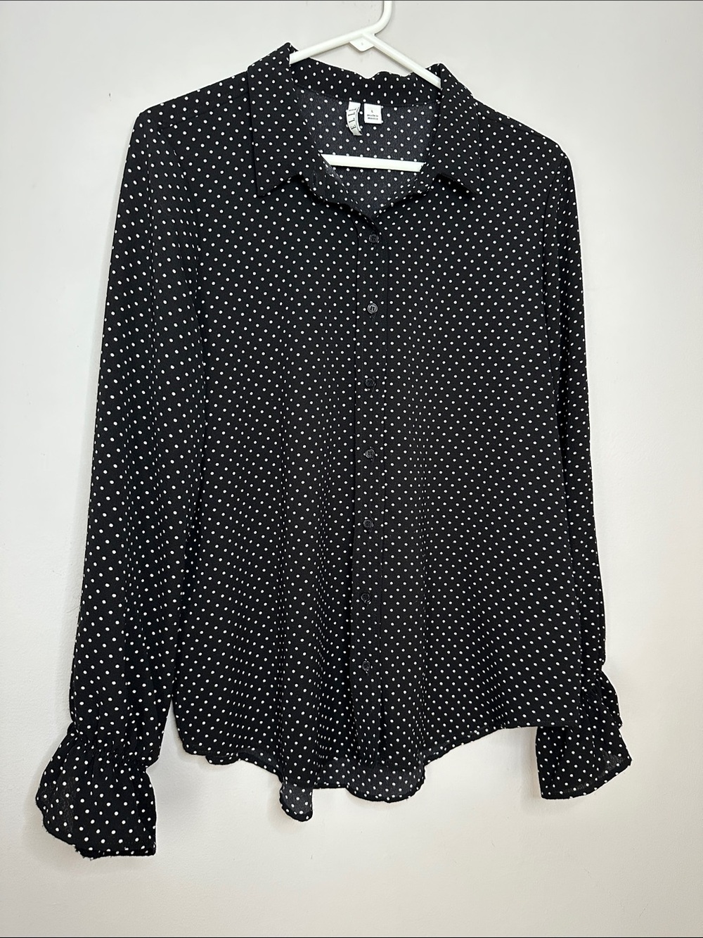 Elle Black Button-Front Polka Dot Blouse size L